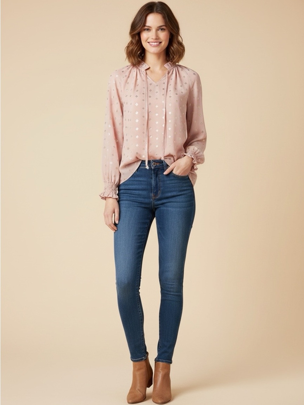 Time and Tru Women’s Small Blouse Rose Gold Metallic Print Ruffle Tie Neck